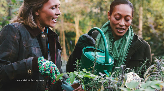 Two women relax while gardening