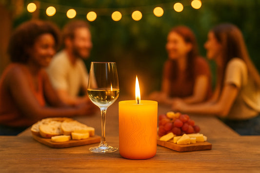 Late summer gathering with Viviana Luxury Fogata Bonfire Candle glowing on the table.