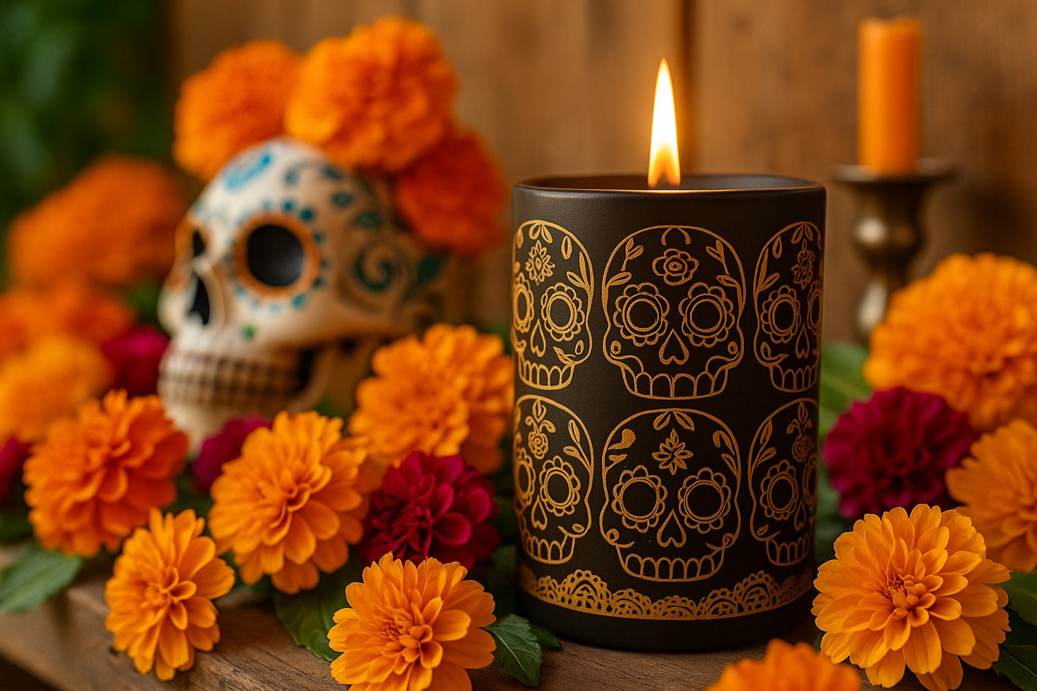 Día de los Muertos candle in eggplant glass tumbler with golden calavera design and matching travel tin with colorful artwork, styled with marigolds for Viviana Luxury.