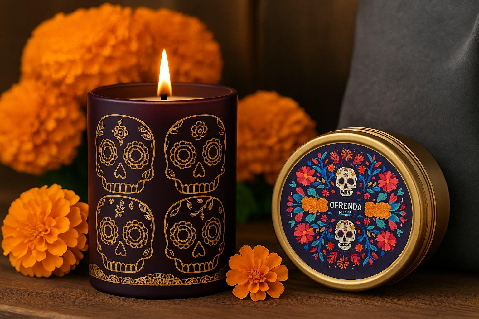 Día de los Muertos Ofrenda glass tumbler and travel tin candle featuring colorful sugar skull artwork styled in a festive marigold display for Viviana Luxury.