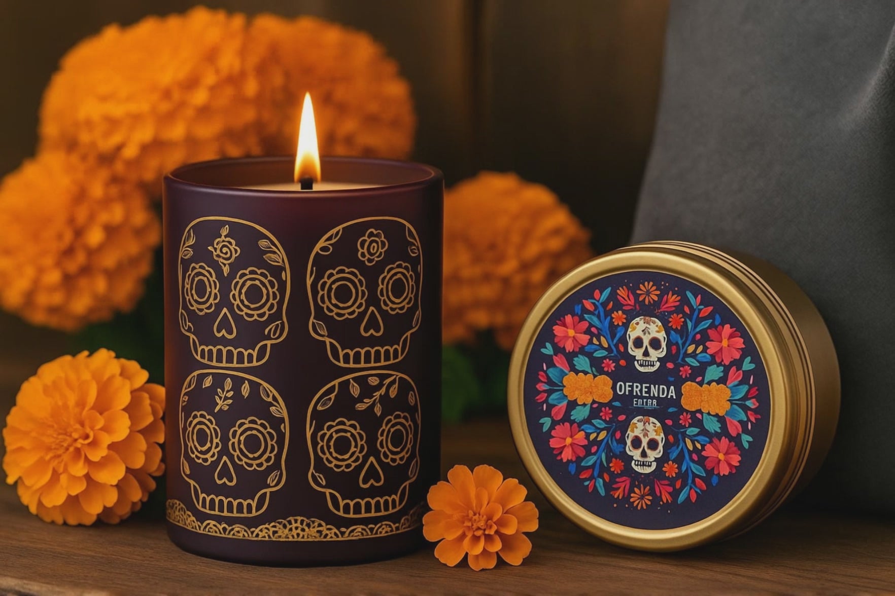 Ofrenda Día de los Muertos candle in glass tumbler and travel tin.