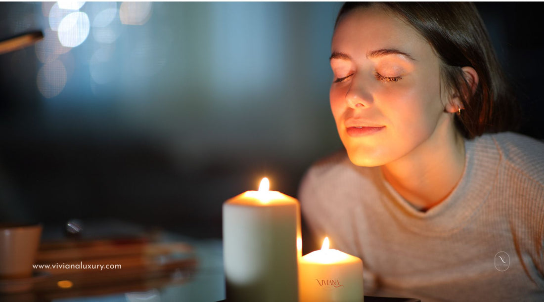 Woman relaxing by inhaling the best relaxing aromatherapy candles