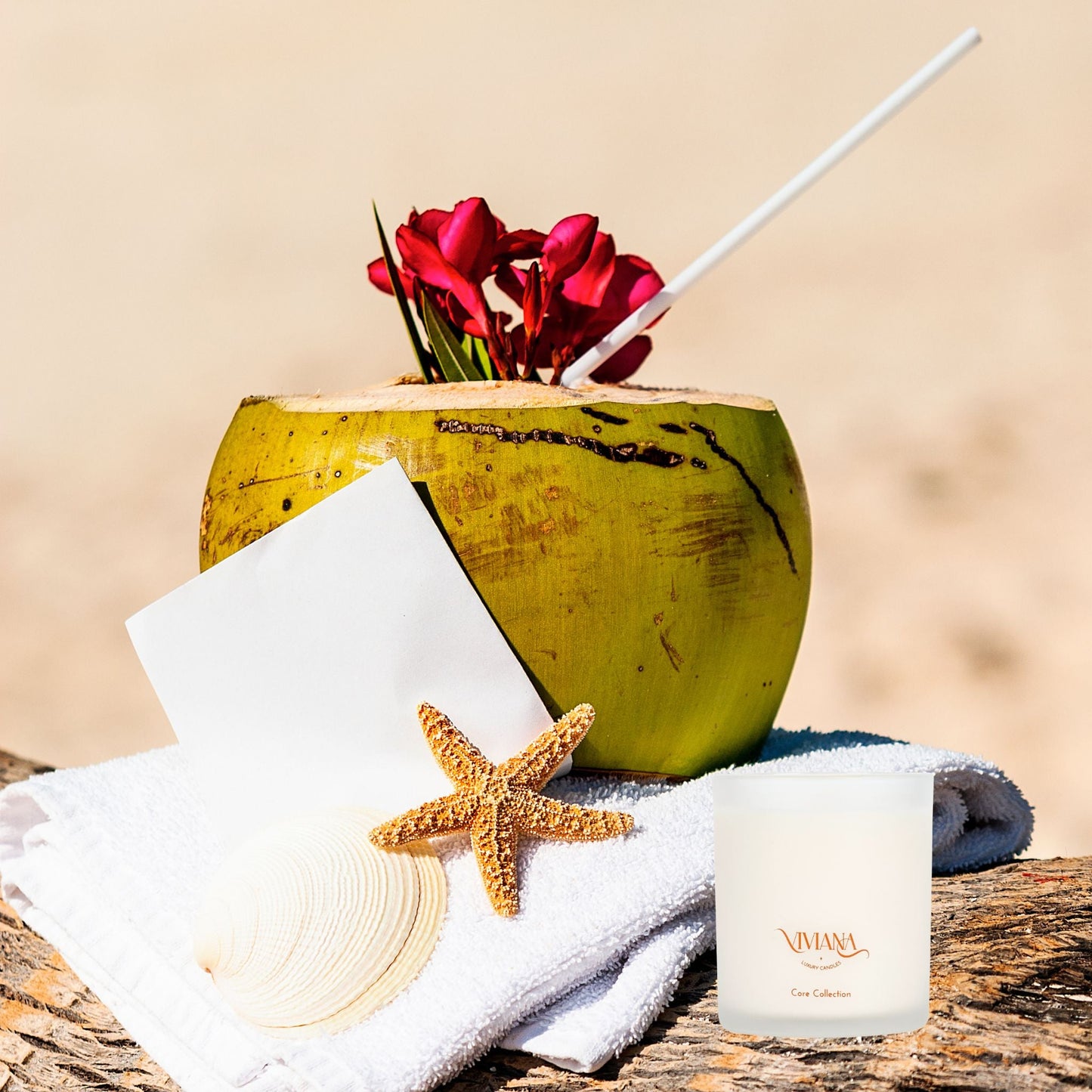 Coconut candle with coconut drink and the beach.